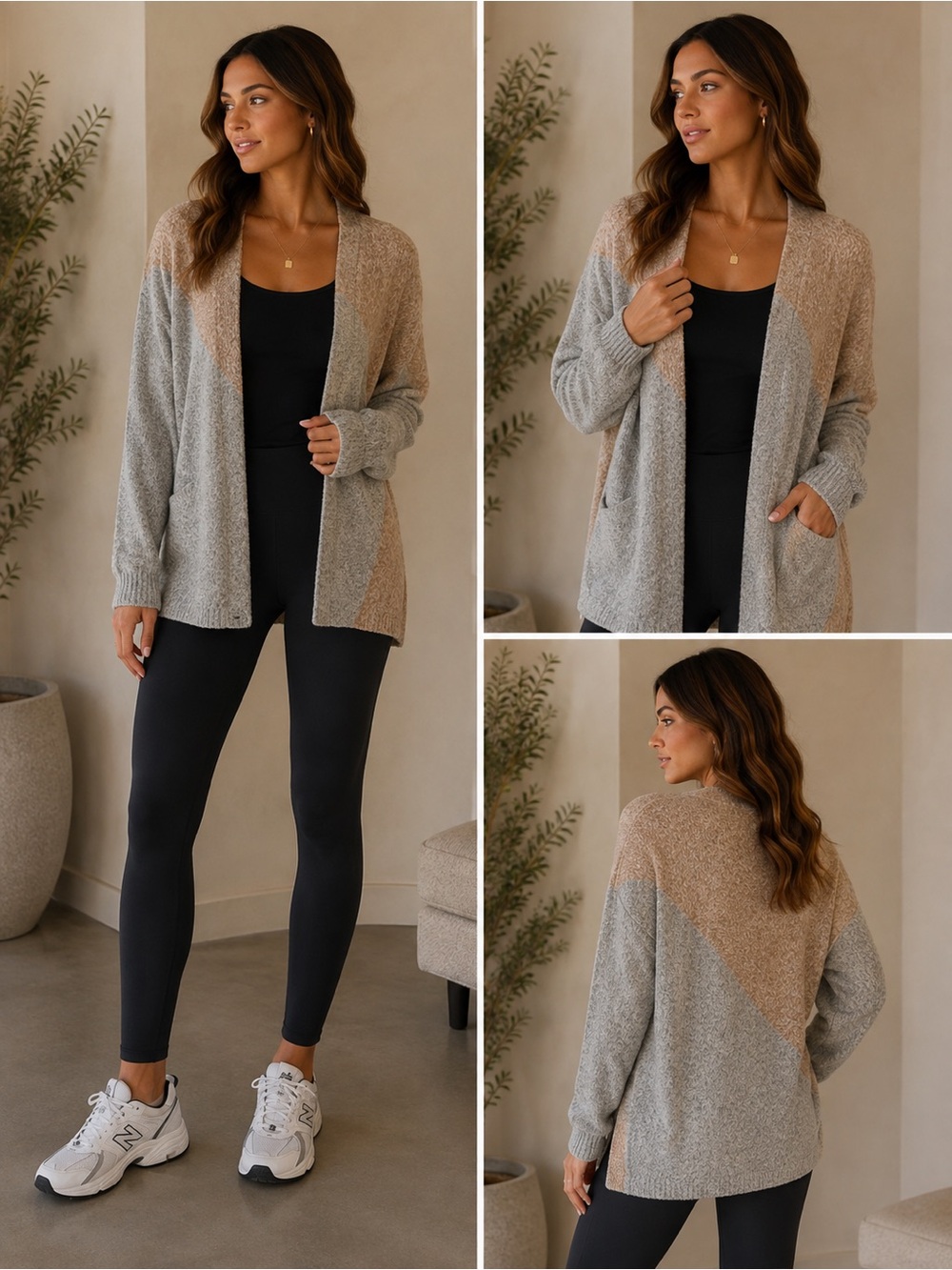 CAbi Gray and Tan Color Block Cardigan
